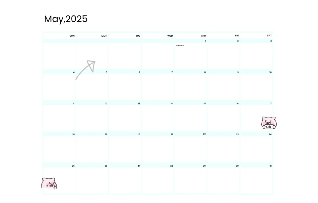 A digital whiteboard calendar template for Q2 2025, showing months April, May, and June with spaces for notes, tasks, and events.