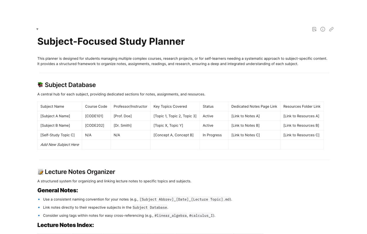 Screenshot of a digital study planner in AFFiNE, showing sections for different subjects, weekly schedules, and task lists, designed for focused learning.