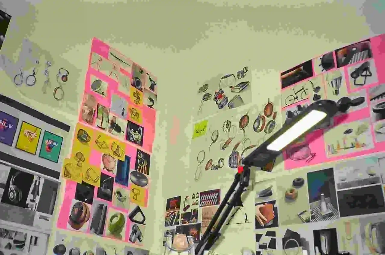 Wall covered with product design sketches, sticky notes, and photo references