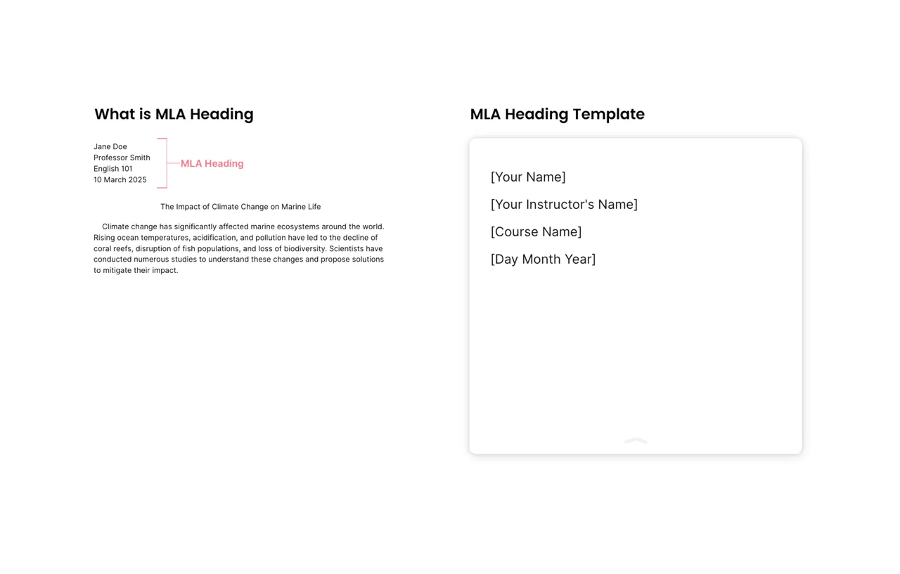 MLA Heading template showing properly formatted document header with student name, instructor name, course, and date in correct MLA style format