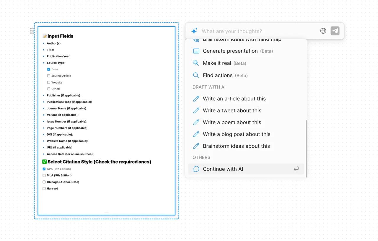 Citation generator template interface showing bibliography creation tools with sample references in multiple citation formats including MLA, APA, and Chicago style