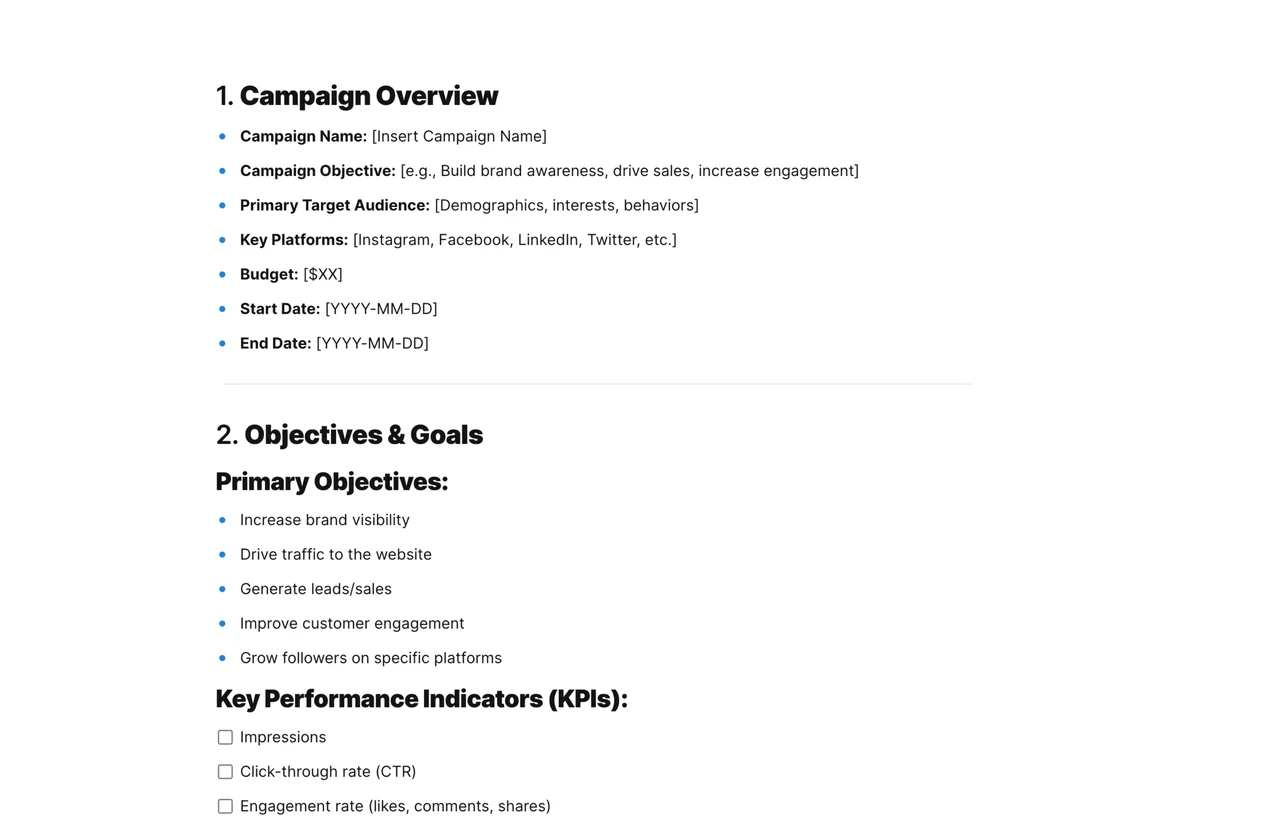 Social media strategy template featuring content calendar, analytics dashboard, and audience engagement sections for comprehensive digital marketing planning