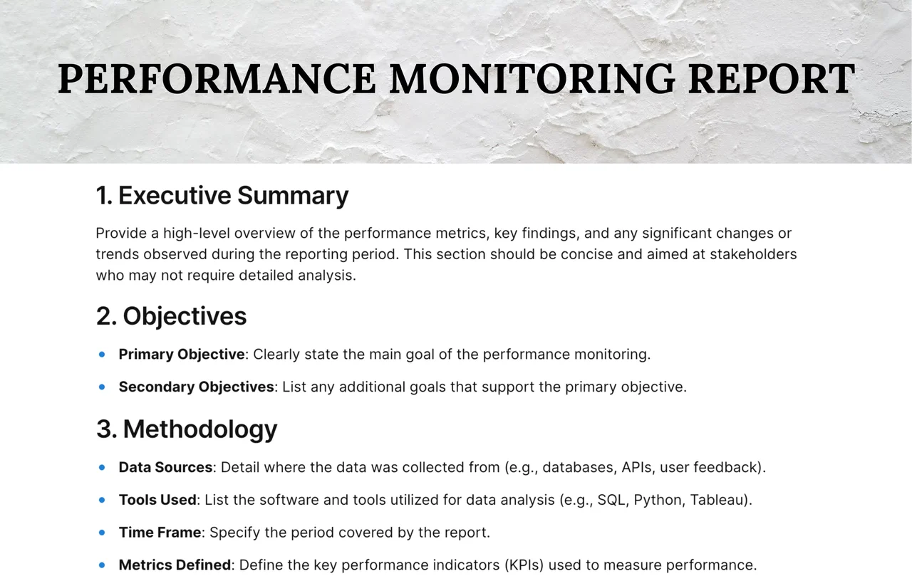 Performance monitoring report template with colorful KPI tracking dashboard showing business metrics and data visualization panels for employee and team performance analysis