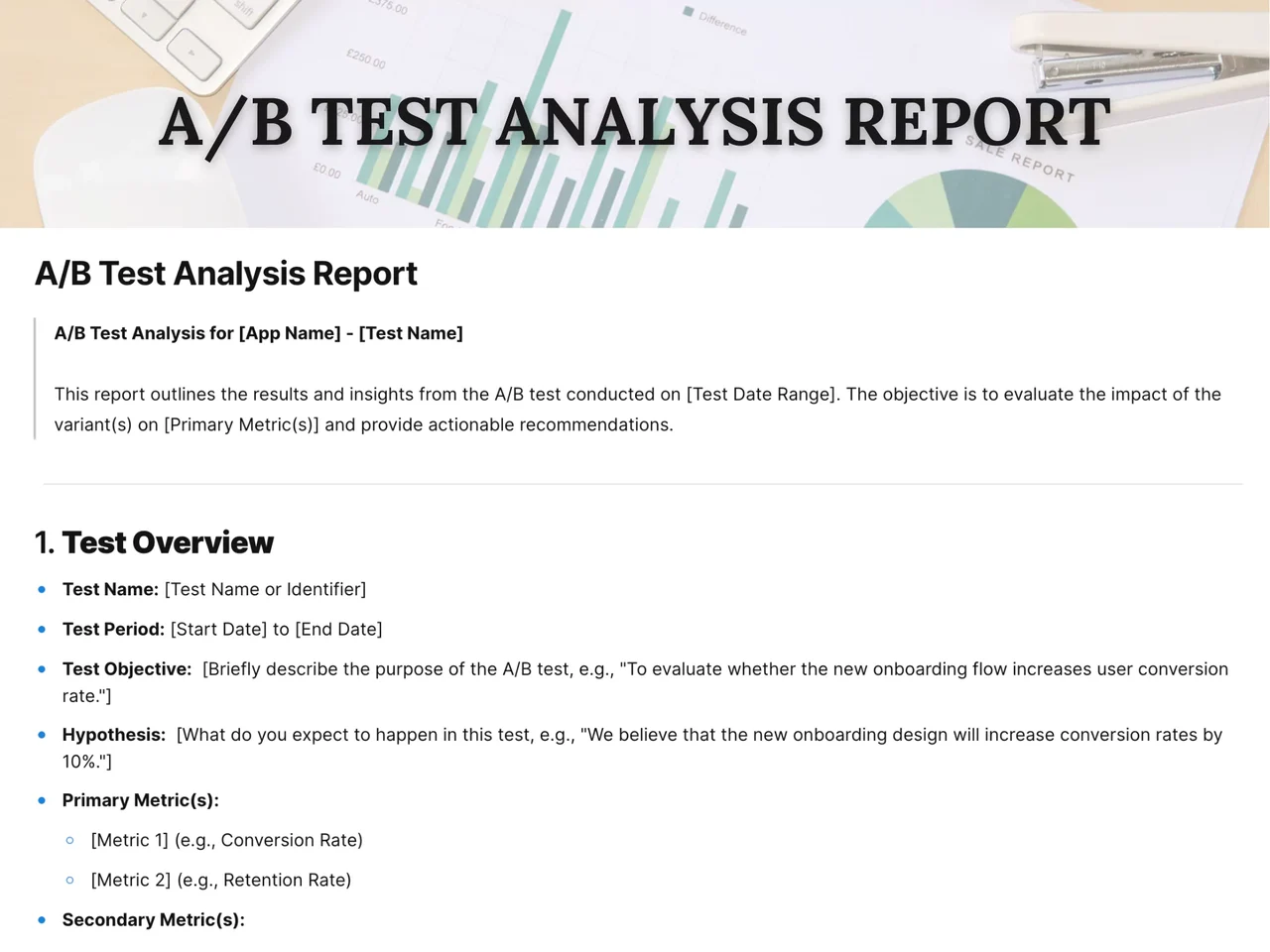 A/B Test Analysis Report template showing conversion rate comparison charts, statistical significance calculations, and data-driven decision making framework for website optimization