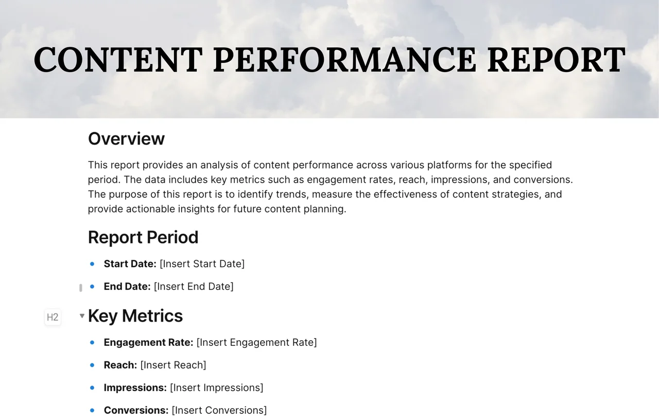 Content Performance Report template with analytics dashboard showing key content marketing metrics, ROI charts, and performance tracking visuals