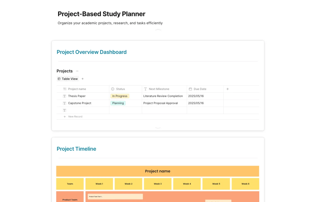 A screenshot of AFFiNE's Project-Based Study Planner template showing tasks, timelines, and project organization.