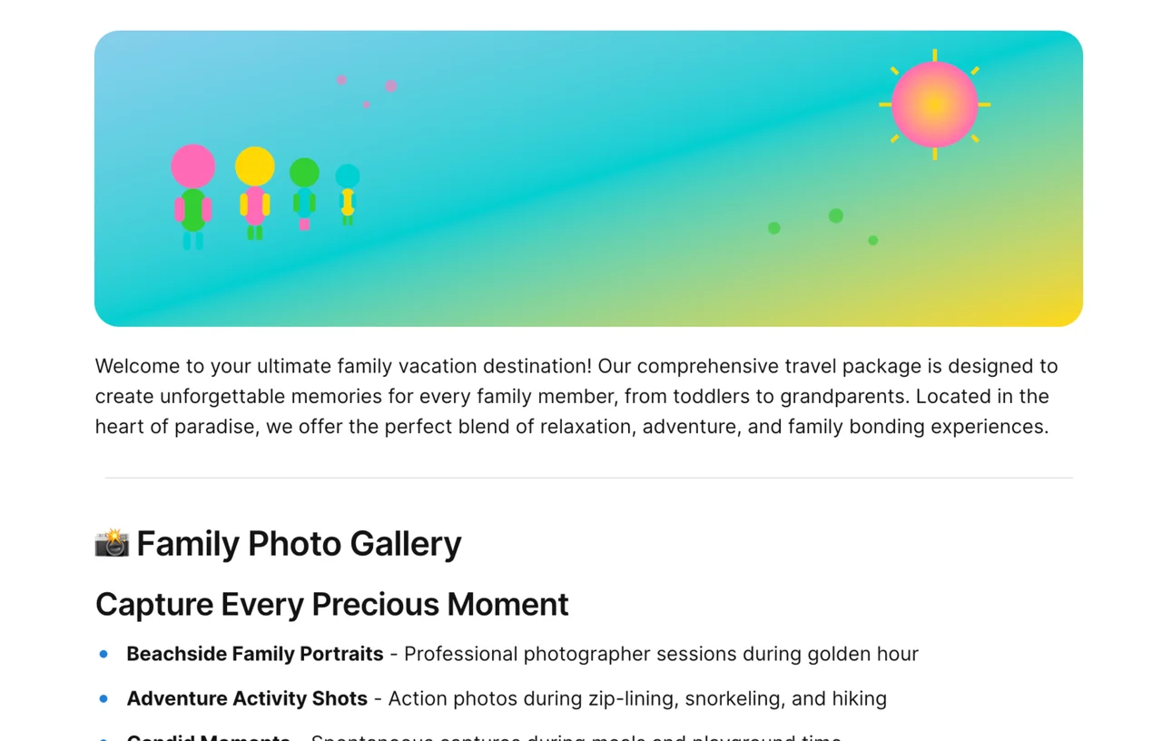 A vibrant family vacation travel brochure template showing images of beaches, mountains, and family activities, with sections for planning and memories.