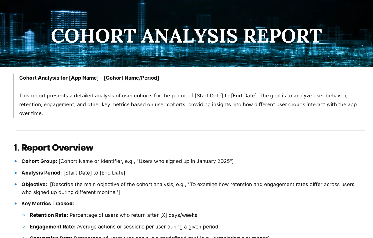 Cohort analysis report template showing retention rates, user behavior patterns and customer segmentation data visualization with color-coded metrics tracking customer lifecycle across multiple time periods