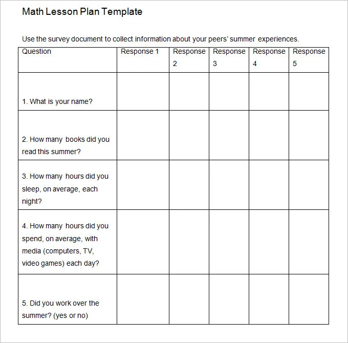 Sample Lesson Plan Template for Math