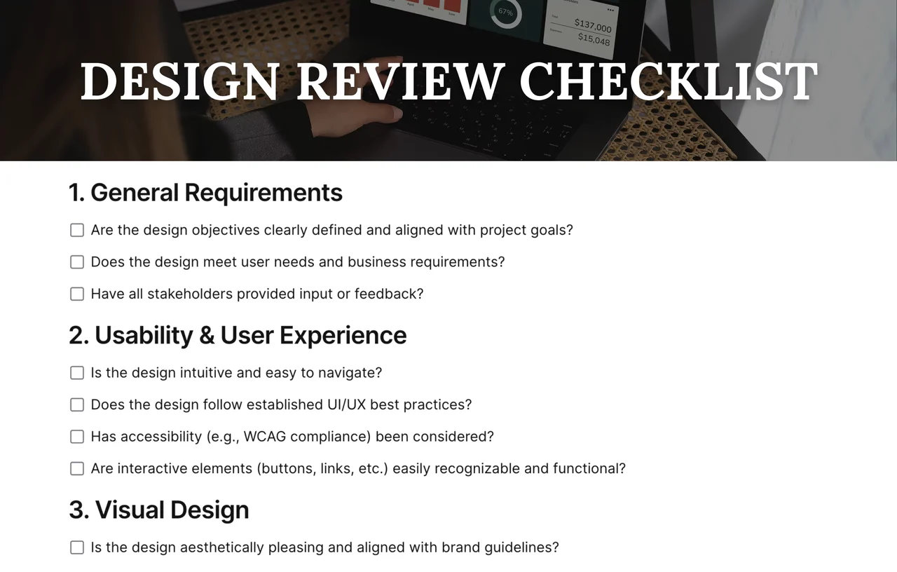 Comprehensive design review checklist template featuring UI/UX feedback sections, evaluation criteria, and quality assurance checkpoints for product design teams