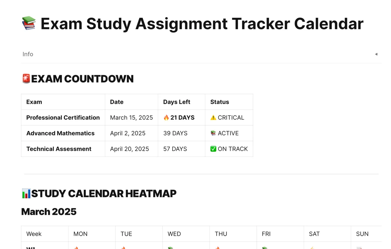 A calendar template showing exam study assignments and their due dates.