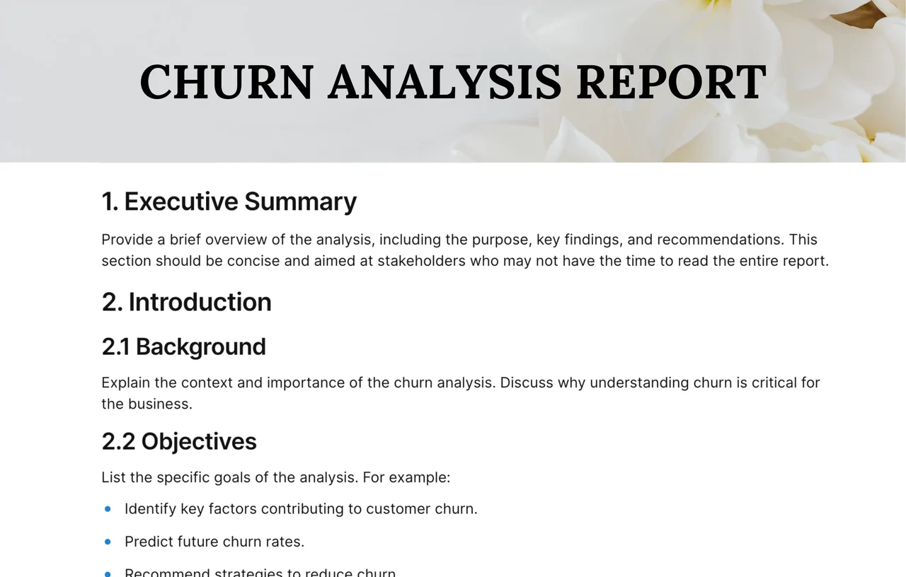 Comprehensive churn analysis report template showing customer retention metrics, attrition patterns and data visualization tools for developing effective loyalty strategies