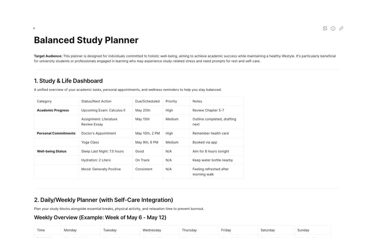 A visual representation of the AFFiNE Balanced Study Planner template, showing a well-organized schedule with time blocks for study, breaks, and personal activities.