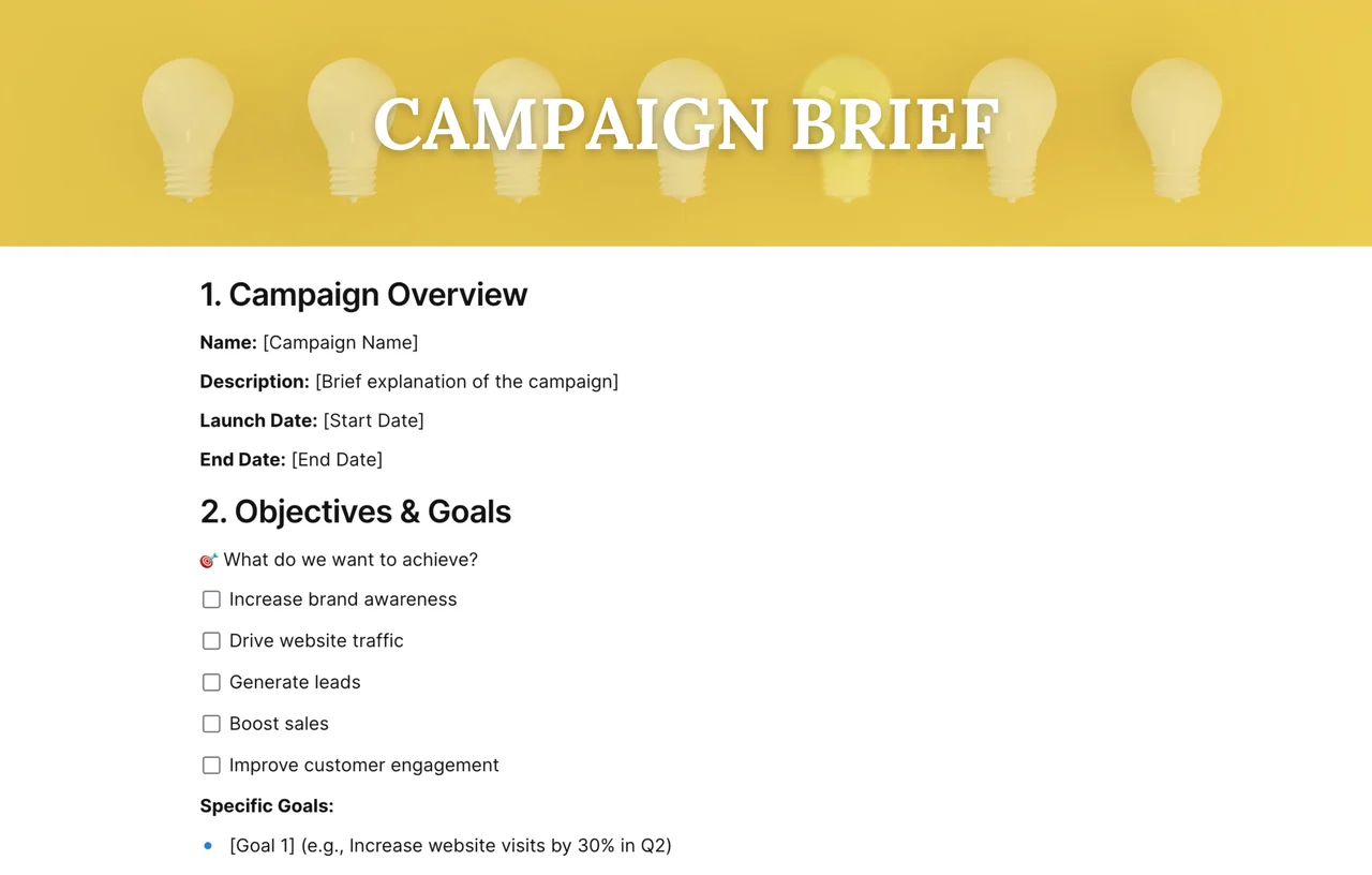 Professional campaign brief template featuring organized sections for campaign objectives, target audience, messaging strategy, timeline, and success metrics with customizable fields for marketing teams