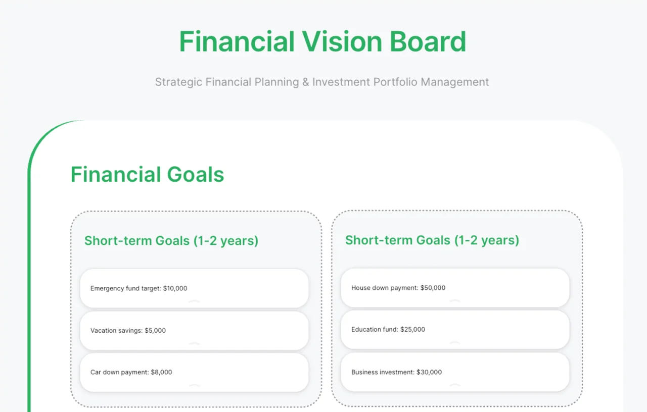 A digital financial vision board with sections for savings, investments, and debt reduction goals.
