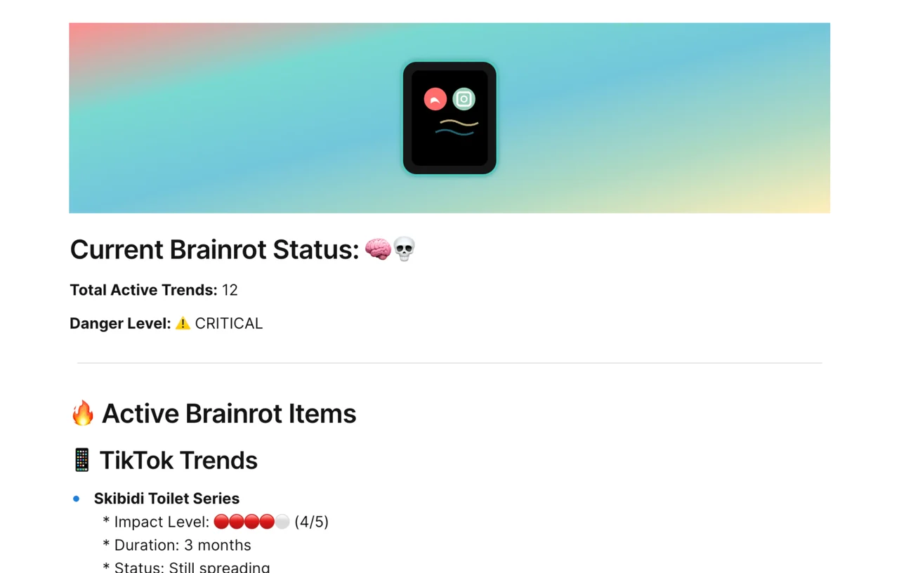 A digital vision board with categories and space for tracking social media brainrot content.