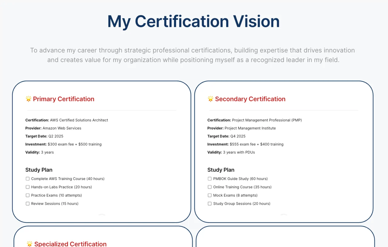 A digital vision board displaying various certification icons, professional development goals, and inspirational quotes, representing a clear path to career success.