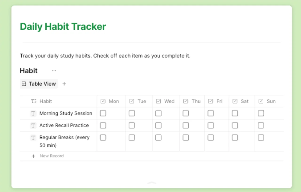 A digital habit-building study planner showing calendar views, habit trackers, and study schedules, promoting organization and consistency.