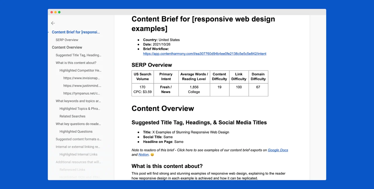 Example of content brief Source: Content Harmony