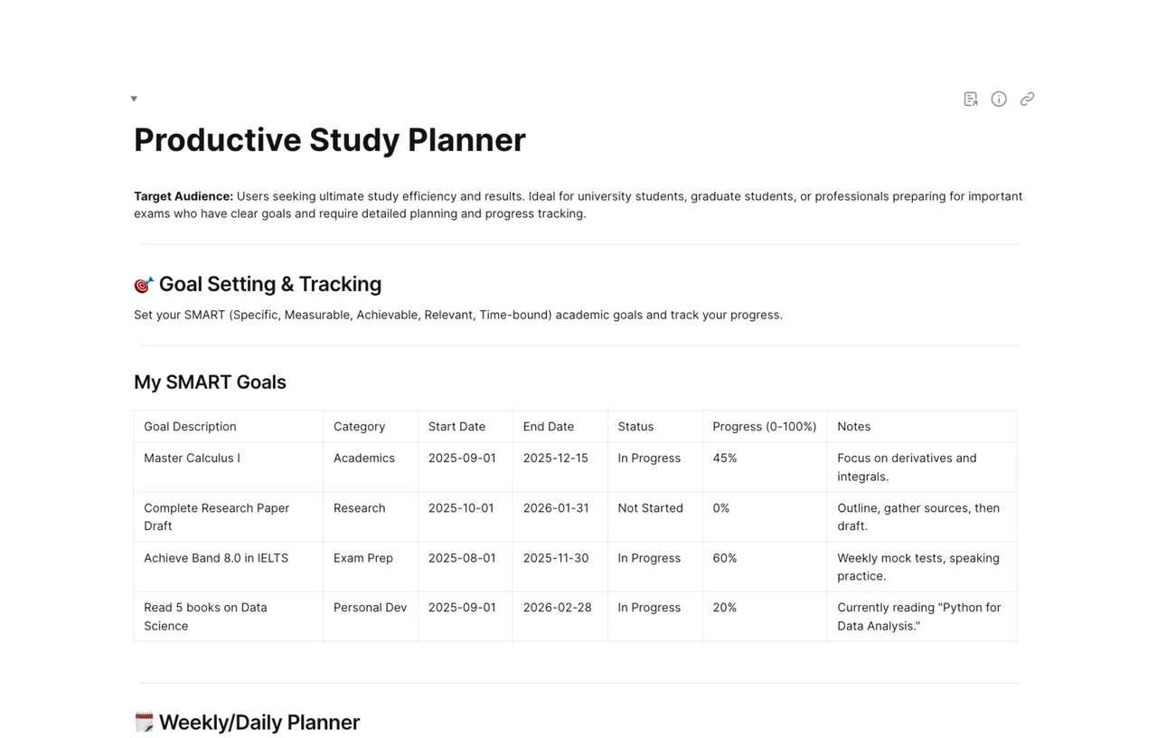 Screenshot of AFFiNE's Productive Study Planner template showing a calendar, task lists, and study session tracking.