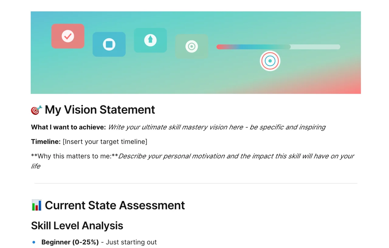 A vibrant and organized vision board featuring icons and text related to learning, growth, and specific skills.