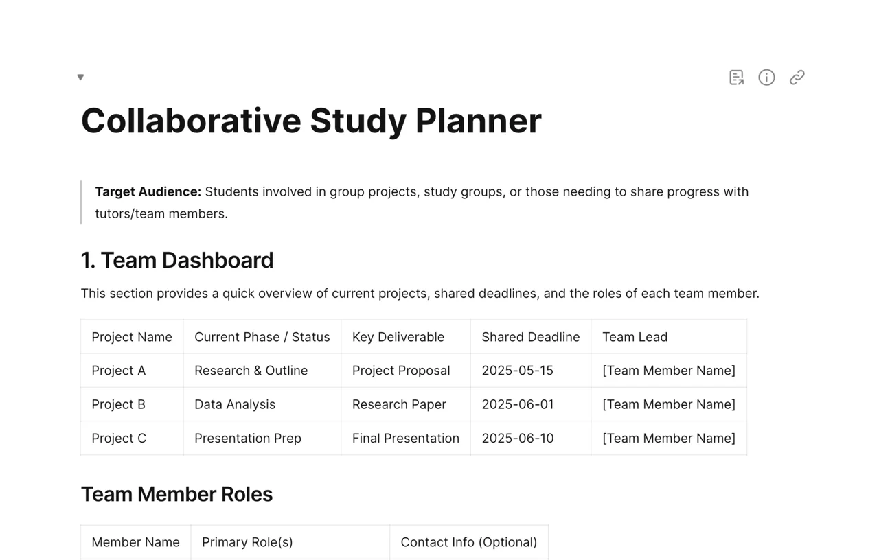 AFFiNE Collaborative Study Planner template showing a shared study schedule, tasks, and team progress for group academic projects.