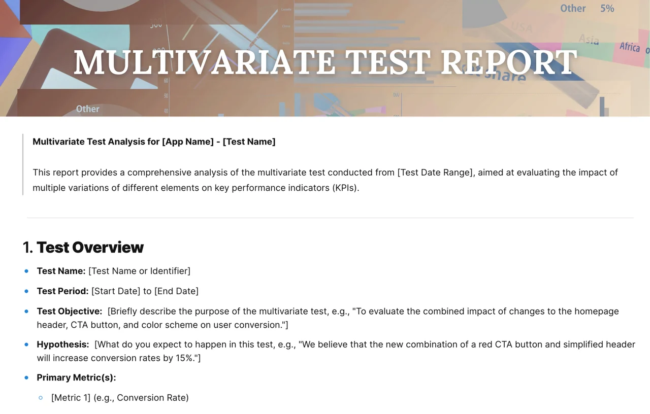 Comprehensive multivariate test report template showing experiment variables, conversion metrics, statistical significance results, and actionable insights for website optimization