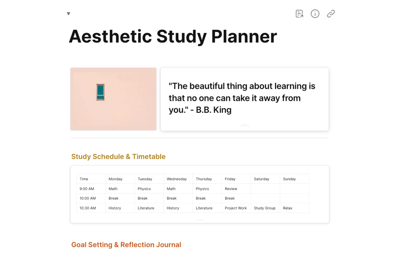 Aesthetic Study Planner template in AFFiNE showing a clean layout with sections for subjects, tasks, and goals, featuring a minimalist design.