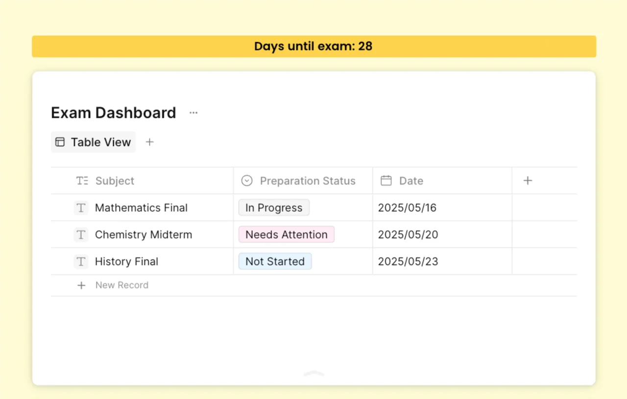 A visual representation of the Exam Prep Study Planner template in AFFiNE, showing a structured layout for managing study subjects, schedules, and progress tracking.