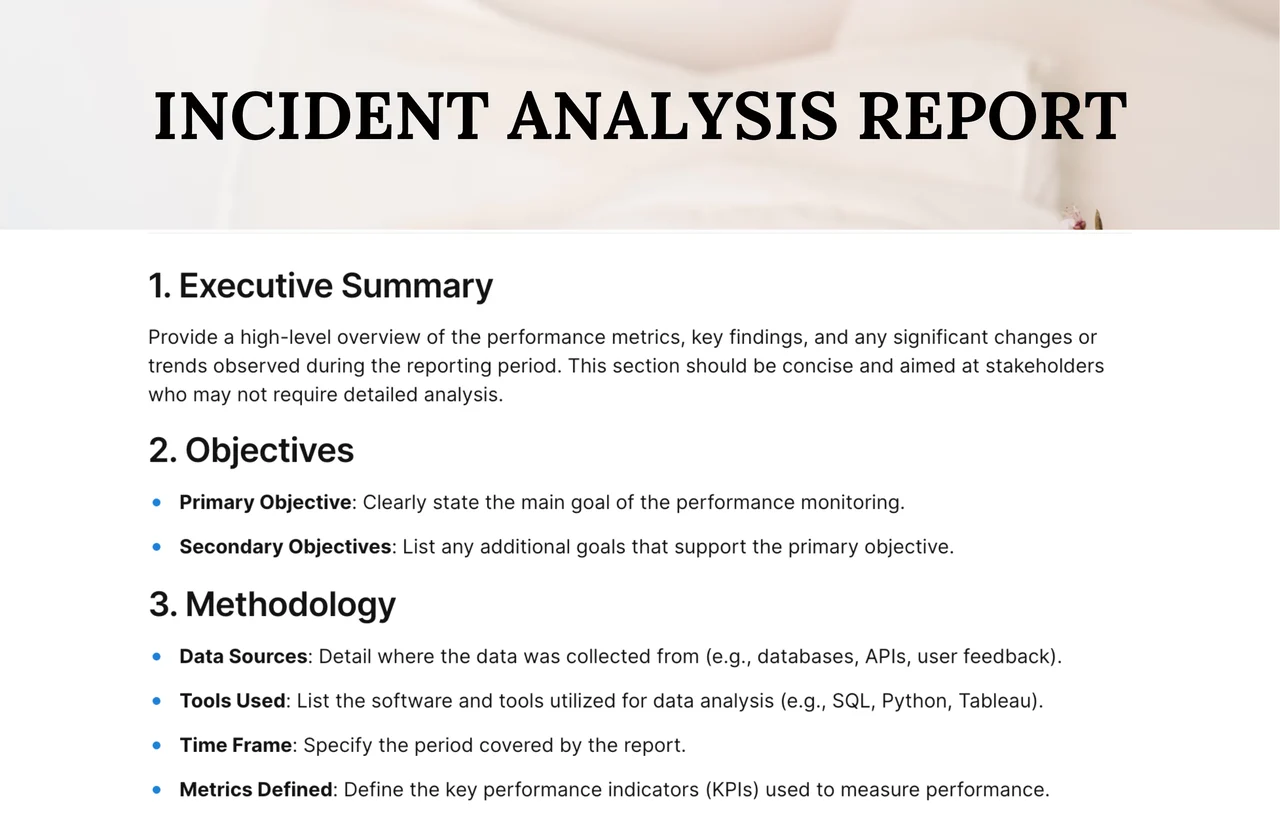 Comprehensive Incident Analysis Report template with sections for incident details, root cause analysis, and corrective action planning for workplace safety improvement