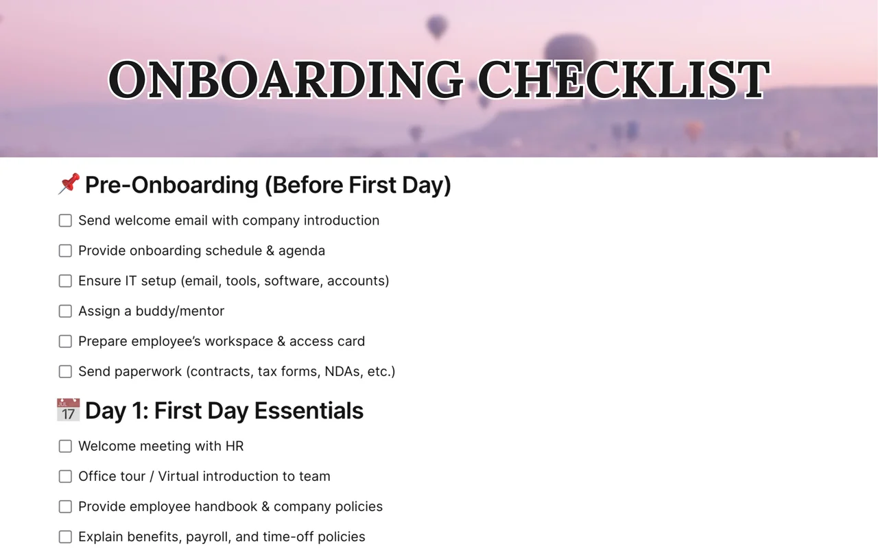 Comprehensive onboarding checklist template showing organized sections for new employee orientation, HR documentation, and integration phases